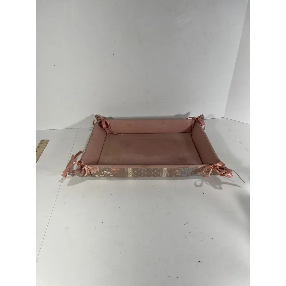 Vintage Floral Fabric Lined Tray Basket W Mid Century Ribbon Lace On Edges Liner